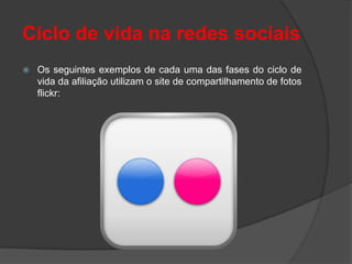 Ciclo de vida na redes sociais
   Os seguintes exemplos de cada uma das fases do ciclo de
    vida da afiliação utilizam o site de compartilhamento de fotos
    flickr:
 