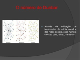 O número de Dunbar



             Através   da     utilização  de
              ferramentas de mídia social e
              das redes sociais, esse número
              cresceu para, talvez, centenas.
 