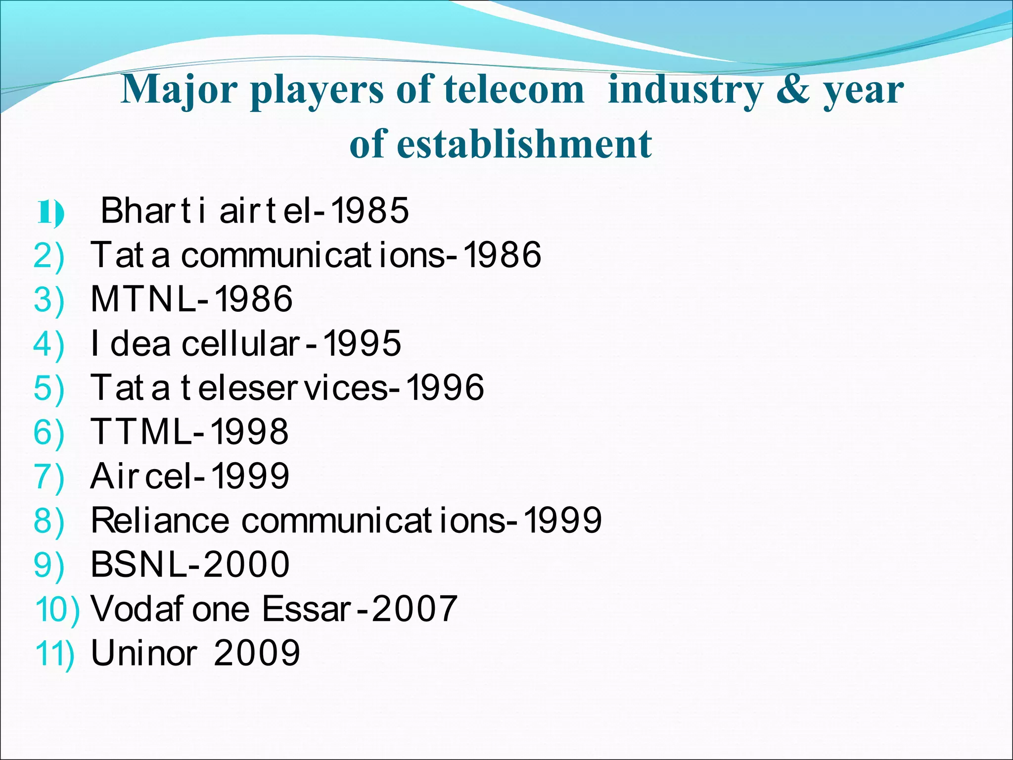 Major players of telecom industry & year
               of establishment
1) Bhar t i air t el-1985
2) Tat a communicat ions-1986
3) MTNL-1986
4) I dea cellular -1995
5) Tat a t eleser vices-1996
6) TTML-1998
7) Air cel-1999
8) Reliance communicat ions-1999
9) BSNL-2000
10) Vodaf one Essar -2007
11) Uninor 2009
 