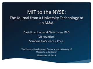 MIT to the NYSE:
The Journal from a University Technology to
an M&A
David Lucchino and Chris Loose, PhD
Co-Founders
Semprus BioSciences, Corp.
The Venture Development Center at the University of
Massachusetts Boston
November 12, 2014
 