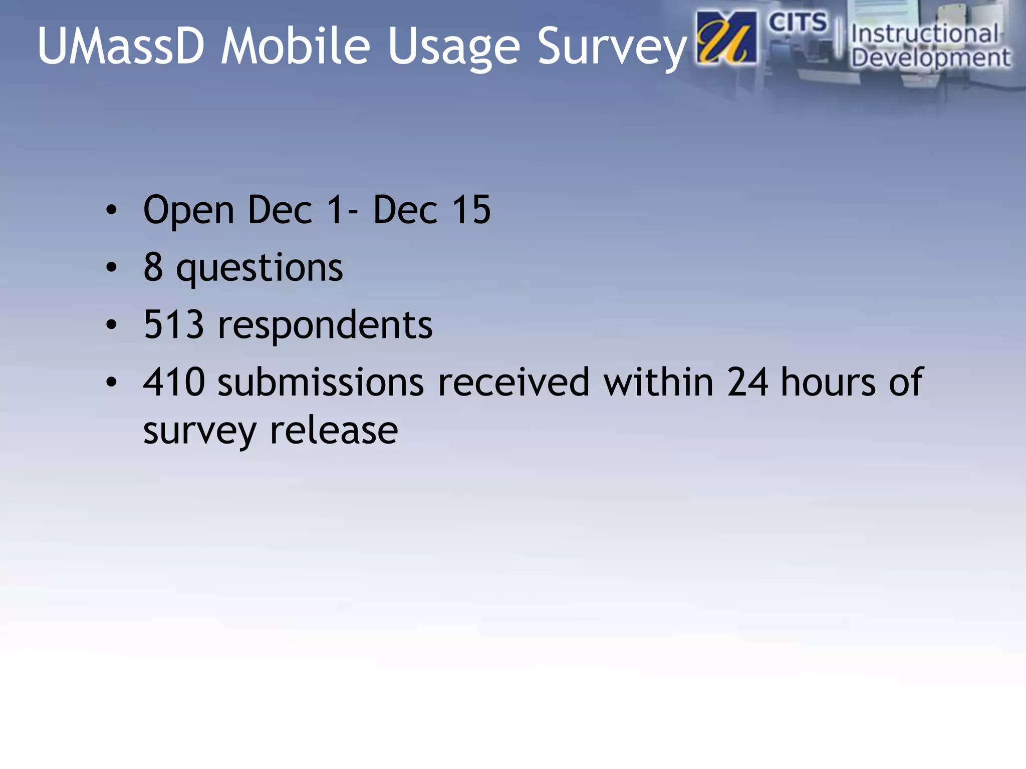 UMassD Mobile Usage Survey
• Open Dec 1- Dec 15
• 8 questions
• 513 respondents
• 410 submissions received within 24 hours of
survey release