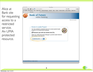 Alice at
  Bank site
                                              Bank of Future
  for requesting
                                                                                                                                      10.0



                                                                 online Banking

  access to a                                                                                                            Welcome aalice



  restricted
  service.                                          Access to Loyalty Program
                                                    You have selected a protected resource to access special loyalty


  An UMA
                                                    program for US Government Employee:

                                                         Personal Loan with low interest rate (2%)

  protected                                         Select your UMA Authorization Manager to provide trusted Claims to
                                                    grant access to this resource.


  resource.                                            CopMonkey AM




                           © copyright 2009 CMInc. All rights reserved.




                                                                                    8
Wednesday, July 13, 2011
 