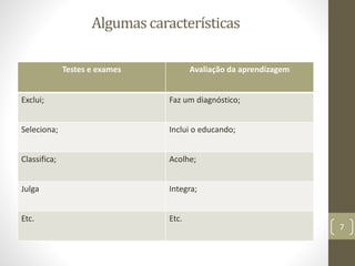 Algumas características
7
Testes e exames Avaliação da aprendizagem
Exclui; Faz um diagnóstico;
Seleciona; Inclui o educando;
Classifica; Acolhe;
Julga Integra;
Etc. Etc.
 