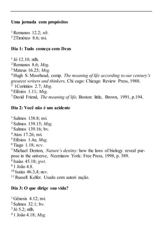 Uma jornada com propósitos
1 Romanos 12.2; nlt.
2 2Timóteo 8.6; nvi.
Dia 1: Tudo começa com Deus
1 Jó 12.10; ntlh.
2 Romanos 8.6; Msg.
3 Mateus 16.25; Msg.
4 Hugh S. Moorhead, comp. The meaning of life according to our century’s
greatest writers and thinkers, Chi cago: Chicago Review Press, 1988.
5 1Coríntios 2.7; Msg.
6 Efésios 1.11; Msg.
7 David Friend, The meaning of life, Boston: little, Brown, 1991, p.194.
Dia 2: Você não é um acidente
1 Salmos 138.8; nvi.
2 Salmos 139.15; Msg.
3 Salmos 139.16; bv.
4 Atos 17.26; nvi.
5 Efésios 1.4a; Msg.
6 Tiago 1.18; ncv.
7 Michael Denton, Nature’s destiny: how the laws of biology reveal pur-
pose in the universe, Neemiasw York: Free Press, 1998, p. 389.
8 Isaías 45.18; gwt.
9 1 João 4.8.
10 Isaías 46.3,4; ncv.
11 Russell Kelfer. Usado com autori zação.
Dia 3: O que dirige sua vida?
1 Gênesis 4.12; nvi.
2 Salmos 32.1; bv.
3 Jó 5.2; ntlh.
4 1 João 4.18; Msg.
 