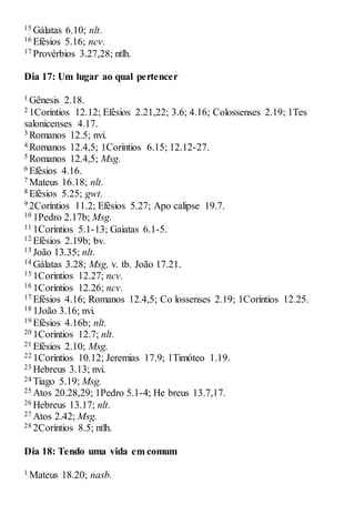 15 Gálatas 6.10; nlt.
16 Efésios 5.16; ncv.
17 Provérbios 3.27,28; ntlh.
Dia 17: Um lugar ao qual pertencer
1 Gênesis 2.18.
2 1Coríntios 12.12; Efésios 2.21,22; 3.6; 4.16; Colossenses 2.19; 1Tes
salonicenses 4.17.
3 Romanos 12.5; nvi.
4 Romanos 12.4,5; 1Coríntios 6.15; 12.12-27.
5 Romanos 12.4,5; Msg.
6 Efésios 4.16.
7 Mateus 16.18; nlt.
8 Efésios 5.25; gwt.
9 2Coríntios 11.2; Efésios 5.27; Apo calipse 19.7.
10 1Pedro 2.17b; Msg.
11 1Coríntios 5.1-13; Gaiatas 6.1-5.
12 Efésios 2.19b; bv.
13 João 13.35; nlt.
14 Gálatas 3.28; Msg, v. tb. João 17.21.
15 1Coríntios 12.27; ncv.
16 1Coríntios 12.26; ncv.
17 Efésios 4.16; Romanos 12.4,5; Co lossenses 2.19; 1Coríntios 12.25.
18 1João 3.16; nvi.
19 Efésios 4.16b; nlt.
20 1Coríntios 12.7; nlt.
21 Efésios 2.10; Msg.
22 1Coríntios 10.12; Jeremias 17.9; 1Timóteo 1.19.
23 Hebreus 3.13; nvi.
24 Tiago 5.19; Msg.
25 Atos 20.28,29; 1Pedro 5.1-4; He breus 13.7,17.
26 Hebreus 13.17; nlt.
27 Atos 2.42; Msg.
28 2Coríntios 8.5; ntlh.
Dia 18: Tendo uma vida em comum
1 Mateus 18.20; nasb.
 
