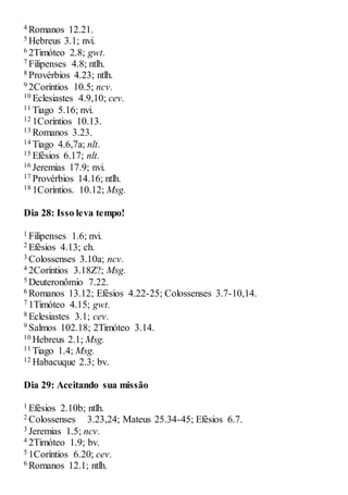 4 Romanos 12.21.
5 Hebreus 3.1; nvi.
6 2Timóteo 2.8; gwt.
7 Filipenses 4.8; ntlh.
8 Provérbios 4.23; ntlh.
9 2Coríntios 10.5; ncv.
10 Eclesiastes 4.9,10; cev.
11 Tiago 5.16; nvi.
12 1Coríntios 10.13.
13 Romanos 3.23.
14 Tiago 4.6,7a; nlt.
15 Efésios 6.17; nlt.
16 Jeremias 17.9; nvi.
17 Provérbios 14.16; ntlh.
18 1Coríntios. 10.12; Msg.
Dia 28: Isso leva tempo!
1 Filipenses 1.6; nvi.
2 Efésios 4.13; ch.
3 Colossenses 3.10a; ncv.
4 2Coríntios 3.18Z?; Msg.
5 Deuteronômio 7.22.
6 Romanos 13.12; Efésios 4.22-25; Colossenses 3.7-10,14.
7 1Timóteo 4.15; gwt.
8 Eclesiastes 3.1; cev.
9 Salmos 102.18; 2Timóteo 3.14.
10 Hebreus 2.1; Msg.
11 Tiago 1.4; Msg.
12 Habacuque 2.3; bv.
Dia 29: Aceitando sua missão
1 Efésios 2.10b; ntlh.
2 Colossenses 3.23,24; Mateus 25.34-45; Efésios 6.7.
3 Jeremias 1.5; ncv.
4 2Timóteo 1.9; bv.
5 1Coríntios 6.20; cev.
6 Romanos 12.1; ntlh.
 