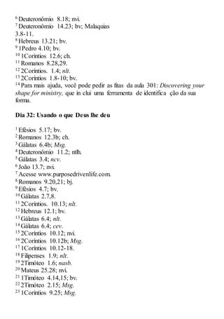 6 Deuteronômio 8.18; nvi.
7 Deuteronômio 14.23; bv; Malaquias
3.8-11.
8 Hebreus 13.21; bv.
9 1Pedro 4.10; bv.
10 1Coríntios 12.6; ch.
11 Romanos 8.28,29.
12 2Coríntios. 1.4; nlt.
13 2Coríntios 1.8-10; bv.
14 Para mais ajuda, você pode pedir as fitas da aula 301: Discovering your
shape for ministry, que in clui uma ferramenta de identifica ção da sua
forma.
Dia 32: Usando o que Deus lhe deu
1 Efésios 5.17; bv.
2 Romanos 12.3b; ch.
3 Gálatas 6.4b; Msg.
4 Deuteronômio 11.2; ntlh.
5 Gálatas 3.4; ncv.
6 João 13.7; nvi.
7 Acesse www.purposedrivenlife.com.
8 Romanos 9.20,21; bj.
9 Efésios 4.7; bv.
10 Gálatas 2.7,8.
11 2Coríntios. 10.13; nlt.
12 Hebreus 12.1; bv.
13 Gálatas 6.4; nlt.
14 Gálatas 6.4; cev.
15 2Coríntios 10.12; nvi.
16 2Coríntios 10.12b; Msg.
17 1Coríntios 10.12-18.
18 Filipenses 1.9; nlt.
19 2Timóteo 1.6; nasb.
20 Mateus 25.28; nvi.
21 1Timóteo 4.14,15; bv.
22 2Timóteo 2.15; Msg.
23 1Coríntios 9.25; Msg.
 