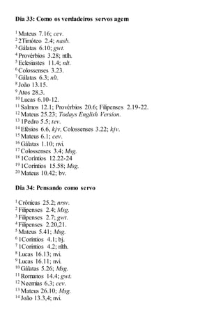 Dia 33: Como os verdadeiros servos agem
1 Mateus 7.16; cev.
2 2Timóteo 2.4; nasb.
3 Gálatas 6.10; gwt.
4 Provérbios 3.28; ntlh.
5 Eclesiastes 11.4; nlt.
6 Colossenses 3.23.
7 Gálatas 6.3; nlt.
8 João 13.15.
9 Atos 28.3.
10 Lucas 6.10-12.
11 Salmos 12.1; Provérbios 20.6; Filipenses 2.19-22.
12 Mateus 25.23; Todays English Version.
13 1Pedro 5.5; tev.
14 Efésios 6.6, kjv, Colossenses 3.22; kjv.
15 Mateus 6.1; cev.
16 Gálatas 1.10; nvi.
17 Colossenses 3.4; Msg.
18 1Coríntios 12.22-24
19 1Coríntios 15.58; Msg.
20 Mateus 10.42; bv.
Dia 34: Pensando como servo
1 Crônicas 25.2; nrsv.
2 Filipenses 2.4; Msg.
3 Filipenses 2.7; gwt.
4 Filipenses 2.20,21.
5 Mateus 5.41; Msg.
6 1Coríntios 4.1; bj.
7 1Coríntios 4.2; nlth.
8 Lucas 16.13; nvi.
9 Lucas 16.11; nvi.
10 Gálatas 5.26; Msg.
11 Romanos 14.4; gwt.
12 Neemias 6.3; cev.
13 Mateus 26.10; Msg.
14 João 13.3,4; nvi.
 