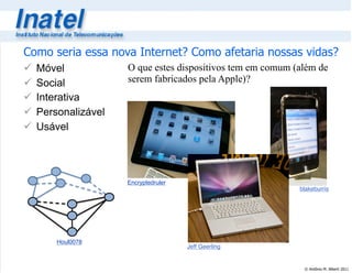 © Antônio M. Alberti 2011
Como seria essa nova Internet? Como afetaria nossas vidas?
 Móvel
 Social
 Interativa
 Personalizável
 Usável
O que estes dispositivos tem em comum (além de
serem fabricados pela Apple)?
Jeff Geerling
Encryptedruler
blakeburris
Houl0078
 