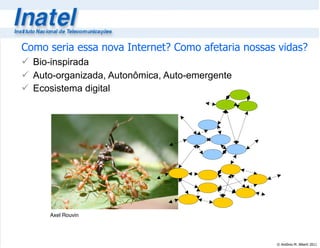 © Antônio M. Alberti 2011
Como seria essa nova Internet? Como afetaria nossas vidas?
 Bio-inspirada
 Auto-organizada, Autonômica, Auto-emergente
 Ecosistema digital
Axel Rouvin
 