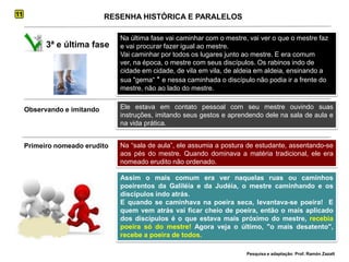 11RESENHA HISTÓRICA E PARALELOSNa última fase vai caminhar com o mestre, vai ver o que o mestre faz e vai procurar fazer igual ao mestre.Vai caminhar por todos os lugares junto ao mestre. E era comum ver, na época, o mestre com seus discípulos. Os rabinos indo de cidade em cidade, de vila em vila, de aldeia em aldeia, ensinando a sua "gema“ * e nessa caminhada o discípulo não podia ir a frente do mestre, não ao lado do mestre.3ª e última faseEle estava em contato pessoal com seu mestre ouvindo suas instruções, imitando seus gestos e aprendendo dele na sala de aula e na vida prática. Observando e imitandoNa “sala de aula”, ele assumia a postura de estudante, assentando-se aos pés do mestre. Quando dominava a matéria tradicional, ele era nomeado erudito não ordenado. Primeiro nomeado erudito Assim o mais comum era ver naquelas ruas ou caminhos poeirentos da Galiléia e da Judéia, o mestre caminhando e os discípulos indo atrás.E quando se caminhava na poeira seca, levantava-se poeira!  E quem vem atrás vai ficar cheio de poeira, então o mais aplicado dos discípulos é o que estava mais próximo do mestre, recebia poeira só do mestre!Agora veja o último, "o mais desatento", recebe a poeira de todos.Pesquisa e adaptação: Prof. Ramón Zazatt