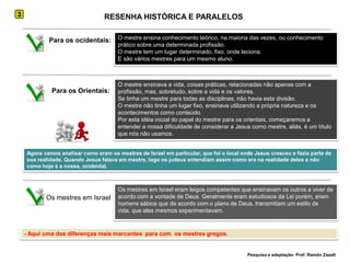 3RESENHA HISTÓRICA E PARALELOSO mestre ensina conhecimento teórico, na maioria das vezes, ou conhecimento prático sobre uma determinada profissão.O mestre tem um lugar determinado, fixo, onde leciona.E são vários mestres para um mesmo aluno.Para os ocidentais:O mestre ensinava a vida, coisas práticas, relacionadas não apenas com a profissão, mas, sobretudo, sobre a vida e os valores.Se tinha um mestre para todas as disciplinas, não havia esta divisão.O mestre não tinha um lugar fixo, ensinava utilizando a própria natureza e os acontecimentos como conteúdo.Por esta idéia inicial do papel do mestre para os orientais, começaremos a entender a nossa dificuldade de considerar a Jesus como mestre, aliás, é um título que nós não usamos.Para os Orientais:Agora vamos analisar como eram os mestres de Israel em particular, que foi o local onde Jesus cresceu e fazia parte de sua realidade. Quando Jesus falava em mestre, logo os judeus entendiam assim como era na realidade deles e não como hoje é a nossa, ocidental.Os mestres em Israel eram leigos competentes que ensinavam os outros a viver de acordo com a vontade de Deus. Geralmente eram estudiosos da Lei porém, eram homens sábios que de acordo com o plano de Deus, transmitiam um estilo de vida, que eles mesmos experimentavam.Os mestres em Israel- Aqui uma das diferenças mais marcantes  para com  os mestres gregos.Pesquisa e adaptação: Prof. Ramón Zazatt