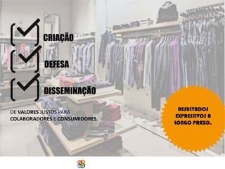 CRIAÇÃO
DEFESA
DISSEMINAÇÃO
DE VALORES JUSTOS PARA
COLABORADORES E CONSUMIDORES.

Copyright Grupo Padrão 2014

RESULTADOS
EXPRESSIVOS A
LONGO PRAZO.

 