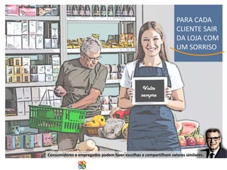 PARA CADA
CLIENTE SAIR
DA LOJA COM
UM SORRISO

Volte
sempre

Consumidores e empregados podem fazer escolhas e compartilham valores similares.
Copyright Grupo Padrão 2014

 