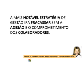 A MAIS NOTÁVEL ESTRATÉGIA DE
GESTÃO IRÁ FRACASSAR SEM A
ADESÃO E O COMPROMETIMENTO
DOS COLABORADORES.

As lojas da Sprinkles Cupcakes sempre está inserida nas comunidades locais.
Copyright Grupo Padrão 2014

 