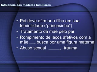 Pai deve afirmar a filha em sua feminilidade (“princesinha”) Tratamento da mãe pelo pai Rompimento de laços afetivos com a mãe  busca por uma figura materna Abuso sexual  trauma Influência dos modelos familiares 