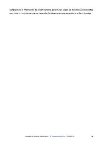 compreender a importância do factor humano, pois muitas vezes os defeitos são analizados
com base no bom senso, e esse depende de sobremaneira da experiência e da motivação.




                Uma visão da Indústria - João Maurício   |   joaoamauricio@iol.pt – 93 864 69 80   36
 