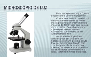 MICROSCÓPIO DE LUZ
Para ver algo menor que 0,1mm
é necessário o uso do microscópio.
O microscópio de luz ou óptico é
formado por um sistema de lentes
onde é possível aumentar um objeto
em cerca de 1500 vezes sem que ela
perca a nitidez. Para observar um
objeto é preciso que ele seja
atravessado por um feixe de luz,
suficientemente fino.
A maioria das superfícies
celulares pode ser vista com um
microscópio comum, porém a célula
deve ser previamente tratada com
corantes vitais. Se for usada para
observações demoradas e repetitivas
usa-se fixadores que conservam a
célula, fazendo mínimas alterações.
 