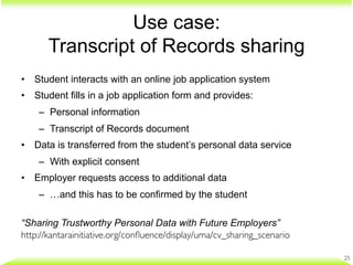 Use case:
Transcript of Records sharing
•  Student interacts with an online job application system
•  Student fills in a j...