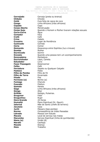 CCEENNTTRROO EESSPPÍÍRRIITTAA FFÉÉ EE CCAARRIIDDAADDEE
CCEENNTTRROO EESSPPÍÍRRIITTAA AAMMOORR EE CCAARRIIDDAADDEE
RRuuaa AAnnttôônniioo PPrraaxxeeddeess –– 115500 –– PPaarráá ddee MMiinnaass,, MMGG
hhttttpp::////wwwwww..cceeaaccttttss..hhppgg..ccoomm..bbrr
13
Cervejado Cerveja (preta ou branca)
Chibata Chicote
Coité Cuia feita de casca de coco
Congo Linha Africana (tribo africana)
Copado Copo
Corpo Aberto Menstruação
Corpo Sujo Quando o Homem e Mulher tiveram relações sexuais
Corre-Corre Água
Cortador Faca
Crefé Café
Crina Cabelo
Cruzeiro Lugar de Penitência
Cumicado Comida
Cúria Comer
Demanda Desavença entre Espíritos (luz e trevas)
Dumba Mulher
Durmicado Dormir
Encosto Quando uma pessoa tem um acompanhamento
Escavadeira Dentadura
Escrivinhador Lápis, Caneta.
Estudador Livro
Fazer Passagem Desencarnar
Feféu Café
Ferradura Sapato ou Qualquer Calçado
Festaco Festa
Filho de Pemba Filho de Fé
Filho de Terra Encarnado
Fitado Fita
Formoso (a) Bonito (a)
Fumega Charuto
Fuscado Fósforo
Gamela Panela
Gege Linha Africana (tribo africana)
Gonga Altar
Grilhão Relógio, Pulseiras.
Grugunar Falar
Grugunhou Rugir
Hora Grande 24 Horas
Humaitá Plano Espiritual (Sr. Ogum).
Ialorixá Mãe de Santo (chefe de terreiro)
Jacutaia Casa
Juriti Pássaro (tipo pomba)
Karma Conseqüência de Vidas Passadas
Letrado Pessoa com Estudo
Macaia Local de serviço nas matas
Macumba Serviço Espiritual (linha de quimbanda)
Mano (a) Irmão (ã)
Marafo Cachaça
Mazela Doença
Meia Trabalho
 
