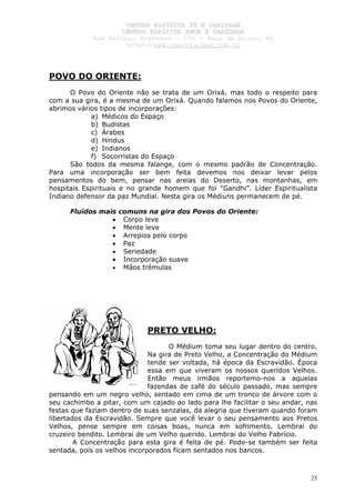CCEENNTTRROO EESSPPÍÍRRIITTAA FFÉÉ EE CCAARRIIDDAADDEE
CCEENNTTRROO EESSPPÍÍRRIITTAA AAMMOORR EE CCAARRIIDDAADDEE
RRuuaa AAnnttôônniioo PPrraaxxeeddeess –– 115500 –– PPaarráá ddee MMiinnaass,, MMGG
hhttttpp::////wwwwww..cceeaaccttttss..hhppgg..ccoomm..bbrr
25
POVO DO ORIENTE:
O Povo do Oriente não se trata de um Orixá, mas todo o respeito para
com a sua gira, é a mesma de um Orixá. Quando falamos nos Povos do Oriente,
abrimos vários tipos de incorporações:
a) Médicos do Espaço
b) Budistas
c) Árabes
d) Hindus
e) Indianos
f) Socorristas do Espaço
São todos da mesma falange, com o mesmo padrão de Concentração.
Para uma incorporação ser bem feita devemos nos deixar levar pelos
pensamentos do bem, pensar nas areias do Deserto, nas montanhas, em
hospitais Espirituais e no grande homem que foi "Gandhi”. Líder Espiritualista
Indiano defensor da paz Mundial. Nesta gira os Médiuns permanecem de pé.
Fluídos mais comuns na gira dos Povos do Oriente:
• Corpo leve
• Mente leve
• Arrepios pelo corpo
• Paz
• Seriedade
• Incorporação suave
• Mãos trêmulas
PRETO VELHO:
O Médium toma seu lugar dentro do centro.
Na gira de Preto Velho, a Concentração do Médium
tende ser voltada, há época da Escravidão. Época
essa em que viveram os nossos queridos Velhos.
Então meus irmãos reportemo-nos a aquelas
fazendas de café do século passado, mas sempre
pensando em um negro velho, sentado em cima de um tronco de árvore com o
seu cachimbo a pitar, com um cajado ao lado para lhe facilitar o seu andar, nas
festas que faziam dentro de suas senzalas, da alegria que tiveram quando foram
libertados da Escravidão. Sempre que você levar o seu pensamento aos Pretos
Velhos, pense sempre em coisas boas, nunca em sofrimento. Lembrai do
cruzeiro bendito. Lembrai de um Velho querido. Lembrai do Velho Fabrício.
A Concentração para esta gira é feita de pé. Pode-se também ser feita
sentada, pois os velhos incorporados ficam sentados nos bancos.
 