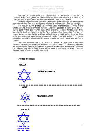 CCEENNTTRROO EESSPPÍÍRRIITTAA FFÉÉ EE CCAARRIIDDAADDEE
CCEENNTTRROO EESSPPÍÍRRIITTAA AAMMOORR EE CCAARRIIDDAADDEE
RRuuaa AAnnttôônniioo PPrraaxxeeddeess –– 115500 –– PPaarráá ddee MMiinnaass,, MMGG
hhttttpp::////wwwwww..cceeaaccttttss..hhppgg..ccoomm..bbrr
31
Durante a preparação das obrigações, o ambiente é de Paz e
Concentração. Cada gesto ou atitude do Vovô deve ser seguido em Silêncio ou
com os cânticos que forem pedidos pelo mesmo, dentro do Terreiro.
Sempre se pedirá uma pemba e uma tábua para que seja riscado o ponto
pelo Preto Velho da Casa, esse ponto riscado, é referente ao Dono do Serviço.
Se houver outros pretos (as) velhos (as) incorporados, o Preto Velho
Chefe da Gira, riscará primeiro o ponto. Depois é passado o ponto para os (as)
outros (as) Pretos (as) Velhos (as), onde deixarão os seus fluídos, e se tiver
permissão, também riscarão o ponto. Após todos os (as) Pretos (as) Velhos (as)
terem deixado o seu fluído, a tábua voltará para o Preto Velho chefe da Gira,
onde ele observará cada ponto riscado de cada Preto (a) Velho (a). Nesse
momento se houver algum ponto riscado errado, ele pedirá para quem o fez, o
refaça.
Isso não significa que o (a) Preto (a) velho (a) não saiba o que está
riscando. Quando um ponto riscado pelo (a) um (a) Preto (a) Velho (a) não está
de acordo com o Serviço, nada mais é do que interferência do Médium. Todos os
(as) Pretos (as) Velhos (as) sabem muito bem o que deve ser feito. Após ser
riscado a tábua ficará à frente do Gongá.
Pontos Riscados:
OXALÁ
PONTO DE OXALÁ
=======================================
NANÃ
PONTO DE NANÃ
=======================================
IEMANJÁ
 