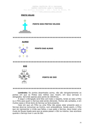 CCEENNTTRROO EESSPPÍÍRRIITTAA FFÉÉ EE CCAARRIIDDAADDEE
CCEENNTTRROO EESSPPÍÍRRIITTAA AAMMOORR EE CCAARRIIDDAADDEE
RRuuaa AAnnttôônniioo PPrraaxxeeddeess –– 115500 –– PPaarráá ddee MMiinnaass,, MMGG
hhttttpp::////wwwwww..cceeaaccttttss..hhppgg..ccoomm..bbrr
34
PRETO VELHO
PONTO DOS PRETOS VELHOS
===========================================
ALMAS
PONTO DAS ALMAS
===========================================
EXÚ
PONTO DE EXÚ
===========================================
Lembrete: Os pontos desenhados acima, não são obrigatoriamente os
pontos em que os Pretos (as) Velhos (as) riscam, em seus serviços e
obrigações. Servindo apenas para ponto de referência.
A seguir a Obrigação será feito com todo o respeito, tendo ao lado a Filha
ou o Filho para quem o Serviço está sendo oferecido. Pontos são cantados, e em
muitos casos o Orixá dono do Serviço se fará presente.
Caso em que um Filho ou uma Filha não possa estar presente para o
Serviço deve-se comunicar ao Centro, com antecedência. Sendo assim, o Filho
que vai representar o irmão que faltou, e que pede o Serviço, deve trazer uma
muda de Roupa Usada para que se possa passar o Obi na mesma. Isso acontece
quando o Serviço tiver o uso do Obi.
 
