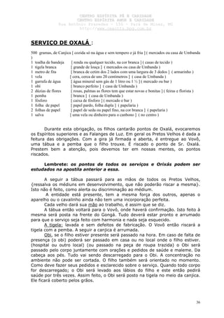 CCEENNTTRROO EESSPPÍÍRRIITTAA FFÉÉ EE CCAARRIIDDAADDEE
CCEENNTTRROO EESSPPÍÍRRIITTAA AAMMOORR EE CCAARRIIDDAADDEE
RRuuaa AAnnttôônniioo PPrraaxxeeddeess –– 115500 –– PPaarráá ddee MMiinnaass,, MMGG
hhttttpp::////wwwwww..cceeaaccttttss..hhppgg..ccoomm..bbrr
36
SERVIÇO DE OXALÁ :
500 gramas, de Canjica [ cozida só na água e sem tempero e já fria ] ( mercados ou casa de Umbanda
)
1 toalha de bandeja [ renda ou qualquer tecido, na cor branca ] ( casas de tecido )
1 tigela branca [ grande de louça ] ( mercados ou casa de Umbanda )
1 metro de fita [ branca de cetim dos 2 lados com uma largura de 3 dedos ] ( armarinho )
1 vela [ cera, cerca de uns 20 centímetros ] ( casa de Umbanda )
1 garrafa de água [ água mineral sem gás de 1 litro ou 1 ½ ] ( mercado ou bar )
1 obí [ branco perfeito ] ( casa de Umbanda )
2 dúzias de flores [ rosas, palmas as flores tem que estar novas e bonitas ] ( feiras e florista )
1 pemba [ branca ] ( casa de Umbanda )
1 fósforo [ caixa de fósforo ] ( mercado e bar )
1 folha de papel [ papel pardo, folha dupla ] ( papelaria )
2 folhas de papel [ papel de seda ou papel fino, na cor branca ] ( papelaria )
1 salva [ uma vela ou dinheiro para o canbono ] ( no centro )
Durante esta obrigação, os filhos cantarão pontos de Oxalá, evocaremos
os Espíritos superiores e as Falanges de Luz. Em geral os Pretos Velhos é dada a
feitura das obrigações. Com a gira já firmada e aberta, é entregue ao Vovô,
uma tábua e a pemba que o filho trouxe. É riscado o ponto de Sr. Oxalá.
Prestem bem a atenção, pois devemos ter em nossas mentes, os pontos
riscados.
Lembrete: os pontos de todos os serviços e Orixás podem ser
estudados na apostila anterior a essa.
A seguir a tábua passará para as mãos de todos os Pretos Velhos,
{ressalva os médiuns em desenvolvimento, que não poderão riscar a mesma}.
Isto não é feito, como alerta ou discriminação ao médium.
A entidade está presente, tem a mesma força dos outros, apenas o
aparelho ou o cavalinho ainda não tem uma incorporação perfeita.
Cada velho dará sua mão ao trabalho, é assim que se diz.
A tábua então voltará para o Vovô, onde haverá confirmação. Isto feito à
mesma será posta na frente do Gongá. Tudo deverá estar pronto e arrumado
para que o serviço seja feito com harmonia e nada seja esquecido.
A tigela: lavada e sem defeitos de fabricação. O Vovô então riscará a
tigela com a pemba. A seguir a canjica é arrumada.
Obi, se o filho estiver presente será passado na hora. Em caso de falta de
presença (o obi) poderá ser passado em casa ou no local onde o filho estiver.
(hospital ou outro local) (ou passado na peça de roupa trazida) o Obi será
passado pelo corpo juntamente com orações e pedidos de saúde e maleme. Da
cabeça aos pés. Tudo vai sendo descarregado para o Obi. A concentração no
ambiente não pode ser cortada. O filho também será orientado no momento.
Como deve fazer seus pedidos e esclarecido sobre o serviço. Quando todo corpo
for descarregado; o Obi será levado aos lábios do filho e este então pedirá
saúde por três vezes. Assim feito, o Obi será posto na tigela no meio da canjica.
Ele ficará coberto pelos grãos.
 