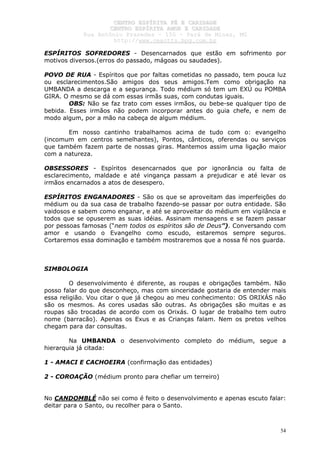 CCEENNTTRROO EESSPPÍÍRRIITTAA FFÉÉ EE CCAARRIIDDAADDEE
CCEENNTTRROO EESSPPÍÍRRIITTAA AAMMOORR EE CCAARRIIDDAADDEE
RRuuaa AAnnttôônniioo PPrraaxxeeddeess –– 115500 –– PPaarráá ddee MMiinnaass,, MMGG
hhttttpp::////wwwwww..cceeaaccttttss..hhppgg..ccoomm..bbrr
54
ESPÍRITOS SOFREDORES - Desencarnados que estão em sofrimento por
motivos diversos.(erros do passado, mágoas ou saudades).
POVO DE RUA - Espíritos que por faltas cometidas no passado, tem pouca luz
ou esclarecimentos.São amigos dos seus amigos.Tem como obrigação na
UMBANDA a descarga e a segurança. Todo médium só tem um EXÚ ou POMBA
GIRA. O mesmo se dá com essas irmãs suas, com condutas iguais.
OBS: Não se faz trato com esses irmãos, ou bebe-se qualquer tipo de
bebida. Esses irmãos não podem incorporar antes do guia chefe, e nem de
modo algum, por a mão na cabeça de algum médium.
Em nosso cantinho trabalhamos acima de tudo com o: evangelho
(incomum em centros semelhantes), Pontos, cânticos, oferendas ou serviços
que também fazem parte de nossas giras. Mantemos assim uma ligação maior
com a natureza.
OBSESSORES - Espíritos desencarnados que por ignorância ou falta de
esclarecimento, maldade e até vingança passam a prejudicar e até levar os
irmãos encarnados a atos de desespero.
ESPÍRITOS ENGANADORES - São os que se aproveitam das imperfeições do
médium ou da sua casa de trabalho fazendo-se passar por outra entidade. São
vaidosos e sabem como enganar, e até se aproveitar do médium em vigilância e
todos que se opuserem as suas idéias. Assinam mensagens e se fazem passar
por pessoas famosas (“nem todos os espíritos são de Deus”). Conversando com
amor e usando o Evangelho como escudo, estaremos sempre seguros.
Cortaremos essa dominação e também mostraremos que a nossa fé nos guarda.
SIMBOLOGIA
O desenvolvimento é diferente, as roupas e obrigações também. Não
posso falar do que desconheço, mas com sinceridade gostaria de entender mais
essa religião. Vou citar o que já chegou ao meu conhecimento: OS ORIXÁS não
são os mesmos. As cores usadas são outras. As obrigações são muitas e as
roupas são trocadas de acordo com os Orixás. O lugar de trabalho tem outro
nome (barracão). Apenas os Exus e as Crianças falam. Nem os pretos velhos
chegam para dar consultas.
Na UMBANDA o desenvolvimento completo do médium, segue a
hierarquia já citada:
1 - AMACI E CACHOEIRA (confirmação das entidades)
2 - COROAÇÃO (médium pronto para chefiar um terreiro)
No CANDOMBLÉ não sei como é feito o desenvolvimento e apenas escuto falar:
deitar para o Santo, ou recolher para o Santo.
 