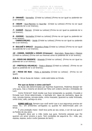 CCEENNTTRROO EESSPPÍÍRRIITTAA FFÉÉ EE CCAARRIIDDAADDEE
CCEENNTTRROO EESSPPÍÍRRIITTAA AAMMOORR EE CCAARRIIDDAADDEE
RRuuaa AAnnttôônniioo PPrraaxxeeddeess –– 115500 –– PPaarráá ddee MMiinnaass,, MMGG
hhttttpp::////wwwwww..cceeaaccttttss..hhppgg..ccoomm..bbrr
58
5 - INHASÃ - Vermelho [Cristal ou Leitoso] (Firma na cor igual ou podendo ter
a cor branco);
6 - OGUM - Azul-Marinho ou Azul-Rei [Cristal ou Leitoso] (Firma na cor igual
ou podendo ter a cor branco);
7 - XANGÔ - Marrom [Cristal ou Leitoso] (Firma na cor igual ou podendo ter a
cor branco);
8 - OXOSSI - Vermelha [Cristal ou Leitoso] (Firma na cor igual ou podendo ter
a cor branco)
CABOCLOS(AS) - Verde [Cristal ou Leitoso] (Firma na cor igual ou podendo
ter a cor branco);
9 - BALUAÊ E OMULÚ - Amarela e Preta [Cristal ou Leitoso] (Firma na cor igual
ou podendo ter a cor branco);
10 - COSME, DAMIÃO e DOUM (Crianças) - Azul-claro, Rosa-claro e Branco
[Cristal ou Leitoso] (Firma com as mesmas cores ou podendo ter a cor branco);
11 - POVO DO ORIENTE - Amarela [Cristal ou Leitoso] (Firma na cor igual ou
podendo ter a cor branco);
12 - PRETO(A)-VELHO(A) - Preto e Branco [Cristal ou Leitoso] (Firma na cor
igual ou podendo ter a cor branco);
13 - POVO DE RUA - Preto e Vermelho [Cristal ou Leitoso] (Firma na cor
igual).
O.B.S.: Há as Guias de metais - onde está todos os Orixás.
Por que as Guias e como usá-las?!
As Guias são determinadas por Espíritos Superiores. Podemos desejar ter
uma guia, mas a mesma só deverá ser feita com ordens (Orixás e Entidades de
Luz).
Como firmá-la?! Você recebe sua Guia (preparada ou guiada), Cruzada e
firmada num Orixá determinado, e banhada em: água da cachoeira, água do
mar, cerveja branca, cerveja preta, vinho moscatel, guaraná ou soda limonada,
vinho tinto, café, cachaça ou anis.
COMO USÁ-LA: Sempre que você sentir que a sua segurança precisa ser
maior. Ex.: em ambientes carregados ou quando for determinado pelo um
Orixá.
É uma proteção maior. Você leva junto ao seu corpo, e cor de sua guia é
os fluídos do seu povo.
Ninguém deve por a mão nesta sua guia. Somente pessoas que lhe
querem um amor sincero e puro. Tem condições de segurá-la. Ex.: mãe, pai,
esposa, esposo, avós e avôs (pessoas do bem).
 
