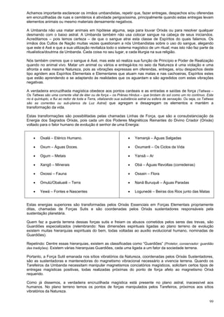 99
Achamos importante esclarecer os irmãos umbandistas, repetir que, fazer entregas, despachos e/ou oferendas
em encruzilhadas de ruas e cemitérios é atividade perigosíssima, principalmente quando estas entregas levam
elementos animais ou mesmo materiais densamente negativos.
A Umbanda não usa matar animais em hipótese alguma, seja para louvar Orixás ou para resolver qualquer
desmando com o baixo astral. A Umbanda também não usa colocar sangue na cabeça de seus iniciandos.
Acreditamos – pois temos certeza – de que o sangue atrai esta classe de Espíritos do quais falamos. Os
irmãos dos Cultos de Nação muitas vezes questionam a nós Umbandistas sobre o uso do sangue, alegando
que este é Axé e que a sua utilização revitaliza todo o sistema magístico de um ritual; mas isto não faz parte da
ritualística/doutrina da Umbanda. Cada coisa no seu lugar, e cada liturgia na sua religião.
Nós também cremos que o sangue é Axé, mas este só realiza sua função de Princípio e Poder de Realização
quando no animal vivo. Matar um animal ou vários e entregá-los no seio da Natureza é uma violação e uma
afronta a esta mesma Natureza, pois as vibrações expressas em oferendas, entregas, e/ou despachos deste
tipo agridem aos Espíritos Elementais e Elementares que atuam nas matas e nas cachoeiras, Espíritos estes
que estão aprendendo e se adaptando às realidades que os aguardam e são agredidos com estas vibrações
negativas.
A verdadeira encruzilhada magística obedece aos pontos cardeais e as entradas e saídas de força (Tattwas –
Os Tattwas são uma corrente vital de éter ou de força – os Prânas Hindus – que brotam do sol como um rio contínuo. Este
rio é quíntuplo, e flui ao redor de toda a Terra, vitalizando sua substância astral ou esfera de sensação. Ou seja, os Tattwas
são as correntes ou sub-planos da Luz Astral) que agregam e desagregam os elementos e mantém a
transformação da vida.
Estas transformações são possibilitadas pelas chamadas Linhas de Força, que são a consubstanciação da
Energia dos Sagrados Orixás, pois cada um dos Poderes Magnéticos Reinantes do Divino Criador (Orixás)
voltado para o fator humano de evolução é senhor de uma Energia:
 Oxalá – Etérico Humano.
 Oxum – Águas Doces.
 Ogum – Metais
 Xangô – Minerais
 Oxossi – Fauna
 Omulú/Obaluaiê – Terra
 Yewá – Fontes e Nascentes
 Yemanjá – Águas Salgadas
 Oxumarê – Os Ciclos da Vida
 Yansã – Ar
 Obá – Águas Revoltas (corredeiras)
 Ossain – Flora
 Nanã Buruquê – Águas Paradas
 Logunedé – Beiras dos Rios junto das Matas
Estas energias superiores são transformadas pelos Orixás Essenciais em Forças Elementais propriamente
ditas, chamadas de Forças Sutis e são coordenadas pelos Orixás sustentadores responsáveis pela
sustentação planetária.
Quem faz a guarda terrena dessas forças sutis e freiam os abusos cometidos pelos seres das trevas, são
Guardiões especializados (relembrando: Nas dimensões espirituais ligadas ao plano terreno de evolução
existem muitas hierarquias espirituais do bem, todas voltadas ao auxilio evolucional humano, nominadas de
Guardiões).
Repetindo: Dentre essas hierarquias, existem as classificadas como “Guardiões” (Protetor, conservador: guardião
das tradições). Existem várias hierarquias Guardiões, cada uma ligada a um fator da sociedade terrena.
Portanto, a Força Sutil emanada nos sítios vibratórios da Natureza, coordenadas pelos Orixás Sustentadores,
são as sustentadoras e mantenedoras do magnetismo vibracional necessário a vivencia terrena. Quando os
Tarefeiros da Umbanda necessitam manipular magnetismos conciatórios magísticos, solicitam certos tipos de
entregas magísticas positivas, todas realizadas próximas do ponto de força afeto ao magnetismo Orixá
requerido.
Como já dissemos, a verdadeira encruzilhada magística está presente no plano astral, inacessível aos
humanos. No plano terreno temos os pontos de forças manipulados pelos Tarefeiros, próximos aos sítios
vibratórios da Natureza.
 