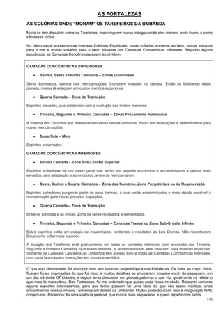 140
AS FORTALEZAS
AS COLÔNIAS ONDE “MORAM” OS TAREFEIROS DA UMBANDA
Muito se tem discutido sobre os Tarefeiros; mas ninguem nunca indagou onde eles moram, onde ficam, e como
são esses locais.
No plano astral encontram-se imensas Colônias Espirituais, umas voltadas somente ao bem, outras voltadas
para o mal e muitas voltadas para o bem, situadas nas Camadas Concentricas Inferiores. Segundo alguns
estudiosos, as Camadas Concêntricas assim se dividem:
CAMADAS CONCÊNTRICAS SUPERIORES
 Sétima, Sexta e Quinta Camadas – Zonas Luminosas
Seres iluminados, isentos das reencarnações. Cumprem missões no planeta. Estão se libertando deste
planeta, muitos já estagiam em outros mundos superiores.
 Quarta Camada – Zona de Transição
Espíritos elevados, que colaboram com a evolução dos irmãos menores.
 Terceira, Segunda e Primeira Camadas – Zonas Fracamente Iluminadas
A maioria dos Espíritos que desencarnam estão nestas camadas. Estão em reparações e aprendizados para
novas reencarnações.
 Superfície – Meio
Espíritos encarnados
CAMADAS CONCÊNTRICAS INFERIORES
 Sétima Camada – Zona Sub-Crostal Superior
Espíritos sofredores de um modo geral que serão em seguida socorridos e encaminhados a planos mais
elevados para adaptação e aprendizado, antes de reencarnarem.
 Sexta, Quinta e Quarta Camadas – Zona das Sombras, Zona Purgatoriais ou de Regeneração
Espíritos sofredores purgando parte de seus karmas, e que serão encaminhados o mais rápido possível à
reencarnação para novas provas e expiações.
 Quarta Camada – Zona de Transição
Entre as sombras e as trevas. Zona de seres revoltados e dementados.
 Terceira, Segunda e Primeira Camadas – Zona das Trevas ou Zona Sub-Crostal Inferior
Estes espíritos estão em estágio de insubmissos, renitentes e rebelados às Leis Divinas. Não reconhecem
Deus como o Ser mais superior.
A atuação dos Tarefeiros está praticamente em todas as camadas inferiores, com excessão das Terceira,
Segunda e Primeira Camadas, que eventualmente, e, acompanhados, eles “descem” para missões especiais.
Somente os Caboclos Lanceiros da Umbanda tem acesso livre a todas as Camadas Concêntricas Inferiores,
com carta branca para execuções em todos os sentidos.
O que aqui descreverei, foi visto por mim, em incursão projeciológica nas Fortalezas. De volta ao corpo físico,
ficaram fortes impressões do que foi visto, e muitos detalhes se anuviaram. Imagine você, de passagem, em
um dia, vá visitar 07 cidades, e depois tenta descrever em poucas palavras o que viu; geralmente irá relatar o
que mais te maravilhou. Das Fortalezas, foi-me ordenado que quase nada fosse revelado. Relatarei somente
alguns aspectos interessantes, para que todos possam ter uma ideia do que são esses núcleos, onde
encontram-se nossos irmãos Tarefeiros em defesa da Umbanda. Muitos poderão dizer: Isso é imaginação fértil;
conjecturas. Paciência; foi uma vivência pessoal, que nunca mais esquecerei, e quero repartir com todos.
 