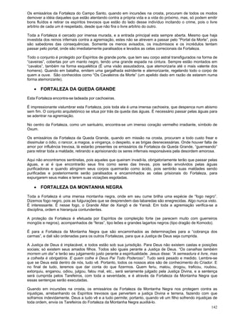 142
Os emissários da Fortaleza do Campo Santo, quando em incursões na crosta, procuram de todos os modos
demover a idéia daqueles que estão atentando contra a própria vida e a vida do próximo, mas, só podem emitir
bons fluídos e retirar os espíritos trevosos que estão do lado desse indivíduo incitando o crime, pois o livre
arbítrio de cada um é respeitado, desde que não fira o livre arbítrio do outro.
Toda a Fortaleza é cercado por imensa murada, e a entrada principal esta sempre aberta. Mesmo que haja
investida dos reinos infernais contra a agremiação, estes não se atrevem a passar pelo “Portal da Morte”, pois
são sabedores das consequências. Somente os menos avisados, os insubmissos e os incrédulos tentam
passar pelo portal, onde são imediatamente paralisados e levados as celas correcionais da Fortaleza.
Todo o conjunto é protegido por Espíritos de grande porte, que tem seu corpo astral transfigurados na forma de
“caveiras”, cobertas por um manto negro, tendo uma grande espada na cintura. Sempre estão montados em
“cavalos”, também na forma esquelética (É uma visão assustadora, que atemorizaria até o mais valente dos
homens). Quando em batalha, emitem uma gargalhada estridente e atemorizante, regelando todo o corpo de
quem a ouve. São conhecidos como “Os Cavaleiros da Morte” (um apelido dado em razão de estarem numa
forma atemorizante).
 FORTALEZA DA QUEDA GRANDE
Esta Fortaleza encontra-se ladeada por cachoeiras.
É impressionante vislumbrar esta Fortaleza, pois toda ela é uma imensa cachoeira, que despenca num abismo
sem fim. O conjunto arquitetónico se situa por trás da queda das águas. É necessário passar pelas águas para
se adentrar na agremiação.
No centro da Fortaleza, como um santuário, encontra-se um imenso coração vermelho irradiante, símbolo de
Oxum.
Os emissários da Fortaleza da Queda Grande, quando em missão na crosta, procuram a todo custo frear e
dissimular o ódio, o rancor, a magoa, a vingança, o despeito, e as brigas desnecessárias. Onde houver falta de
amor por influência trevosa, lá estarão presentes os emissários da Fortaleza da Queda Grande, “guerreando”
para retirar toda a maldade, retirando e aprisionando os seres infernais responsáveis pela desordem amorosa.
Aqui não encontramos sentinelas, pois aqueles que queiram invadi-la, obrigatoriamente terão que passar pelas
águas, e ai é que encontrarão seus fins como seres das trevas, pois serão envolvidos pelas águas
purificadoras e quando atingirem seus corpos queimarão como ácido, pois sentirão suas maldades sendo
purificadas e posteriormente serão paralisados e encaminhados as celas prisionais do Fortaleza, para
expurgarem seus males e terem suas viciações esgotadas.
 FORTALEZA DA MONTANHA NEGRA
Toda a Fortaleza é uma imensa montanha negra, onde em seu cume brilha uma espécie de “fogo negro”.
Dizemos fogo negro, pois as fulgurações que se desprendem das labaredas são enegrecidas. Algo nunca visto.
É interessante. É nesse fogo, o Grande Altar de Xangô e de Yansã. Em toda a agremiação verifica-se a
disciplina, ordem e hierarquia contundentes.
A proteção da Fortaleza é efetuada por Espíritos de compleição forte (se parecem muito com guerreiros
mongóis e negros), acompanhados de “feras”, tipo leões e grandes lagartos negros (tipo dragão de Komodo).
É para a Fortaleza da Montanha Negra que são encaminhados as determinações para a “cobrança dos
carmas”, e dali são ordenadas para os outros Fortalezas, para que a Justiça de Deus seja cumprida.
A Justiça de Deus é implacável, e todos estão sob sua jurisdição. Para Deus não existem castas e posições
sociais; só existem seus amados filhos. Todos são iguais perante a Justiça de Deus. “Os canalhas também
morrem um dia” e terão seu julgamento justo perante a espiritualidade. Jesus disse: “A semeadura é livre, mas
a colheita é obrigatória. E quem colhe é Deus Pai Todo Poderoso”. Tudo será pesado e medido. Lembre-se
que se Deus está dentro de nós, tudo vê. Portanto, todos os nossos atos são de conhecimento do Criador. E
no final de tudo, teremos que dar conta do que fizermos. Quem feriu, matou, drogou, traficou, roubou,
extorquiu, enganou, odiou, julgou, falou mal, etc., será seriamente julgado pela Justiça Divina, e a sentença
será cumprida pelos Tarefeiros, com toda a severidade, e é através da Fortaleza da Montanha Negra que
essas sentenças serão executadas.
Quando em incursões na crosta, os emissários da Fortaleza da Montanha Negra nos protegem contra as
injustiças, arrebanhando os Espíritos trevosos que pervertem a justiça Divina e terrena, fazendo com que
soframos indevidamente. Deus a tudo vê e a tudo permite; portanto, quando vê um filho sofrendo injustiças de
toda ordem, envia os Tarefeiros do Fortaleza da Montanha Negra auxiliá-lo.
 