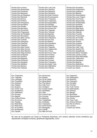 87
Pomba Gira Leviana;
Pomba Gira Assanhada;
Pomba Gira Prostituta;
Pomba Gira Mariposa;
Pomba Gira da Desgraça
Pomba Gira Rameira;
Pomba Gira Siririca;
Pomba Gira Profana;
Pomba Gira Presepeira;
Pomba Gira Rumbeira;
Pomba Gira Peralta;
Pomba Gira Mundana;
Pomba Gira Pervertida;
Pomba Gira Preguiçosa;
Pomba Gira da Perdição;
Pomba Gira Alcoviteira;
Pomba Gira Sete Camas;
Pomba Gira Cortesã;
Pomba Gira Catingosa;
Pomba Gira Cheirosa;
Pomba Gira Faladora;
Pomba Gira Sete Canas;
Pomba Gira Sete Cornos;
Pomba Gira Sete Maridos;
Pomba Gira Pega Homem;
Pomba Gira Arrepiada;
Pomba Gira Cantora;
Pomba Gira Elegante;
Pomba Gira Pomposa;
Pomba Gira Dengosa;
Pomba Gira Adúltera;
Pomba Gira Boneca;
Pomba Gira Vaidosa;
Pomba Gira Lufa-Lufa;
Pomba Gira Libertina;
Pomba Gira Sedutora;
Pomba Gira Ordinária;
Pomba Gira Sete Homens;
Pomba Gira Encrenqueira;
Pomba Gira Traiçoeira;
Pomba Gira Trapaceira;
Pomba Gira Espantalho;
Pomba Gira Perdida;
Pomba Gira Rita Piranha;
Pomba Gira Amarra Pé;
Pomba Gira Tagarela;
Pomba Gira Tatuada;
Pomba Gira Egoísta;
Pomba Gira Devassa;
Pomba Gira Valentona;
Pomba Gira do Cais;
Pomba Gira Bolero;
Pomba Gira Carpideira;
Pomba Gira Sapeca;
Pomba Gira Tagarela;
Pomba Gira Vagabunda;
Pomba Gira Tirana;
Pomba Gira Puxa Vista;
Pomba Gira Puritana;
Pomba Gira Invejosa;
Pomba Gira Exótica;
Pomba Gira Curiosa;
Pomba Gira Traiçoeira;
Pomba Gira Sabe Tudo;
Pomba Gira Galhofeira;
Pomba Gira Valente;
Pomba Gira Puxadeira;
Pomba Gira Pingonheira;
Pomba Gira Explosiva;
Pomba Gira Beiçola;
Pomba Gira Assoviadeira;
Pomba Gira Lava Trapos;
Pomba Gira Vira Ponto;
Pomba Gira Apaixonada;
Pomba Gira Arrebentada;
Pomba Gira Azarenta;
Pomba Gira Bandalha;
Pomba Gira Bate Boca;
Pomba Gira Maltrapilha;
Pomba Gira Galante;
Pomba Gira Furacão;
Pomba Gira Provocante;
Pomba Gira da Favela;
Pomba Gira da Luxúria;
Pomba Gira Gulosa;
Pomba Gira Invejosa;
Pomba Gira Pintora;
Pomba Gira Vale Tudo;
Pomba Gira Quebra Pé;
Pomba Gira Gargalhada;
Pomba Gira Maria Tentação;
Pomba Gira Lambe Lambe;
Pomba Gira Rosa Machadão;
Pomba Gira Taberneira;
Pomba Gira Remelexo;
Pomba Gira Boêmia;
Pomba Gira Galhofeira;
Pomba-Gira Rainha do Inferno;
E assim por diante...
Exu Trapaceiro;
Exu Tagarela;
Exu Lambada;
Exu Fracalhão;
Exu Gostoso;
Exu Falador;
Exu Suspiro;
Exu Come Tuia;
Exu Acadêmico;
Exu Galhofeiro;
Exu Arruaça;
Exu Alegria;
Exu Cheira-Cheira;
Exu Encrenca;
Exu Topada;
Exu Rola-Rola;
Exu Rola Dura;
Exu do Caralho;
Exu da Riqueza;
Exu Capeta;
Exu Amarra-pé;
Exu Risada;
Exu Pé de Valsa;
Exu Mexe-Mexe;
Exu Pisa Macio;
Exu Vale Ouro;
Exu Vertigem;
Exu Cospe-Cospe;
Exu Garrafada;
Exu Vital;
Exu Come-Fogo;
Exu Corneta;
Exu Baderna;
Exu Trapalhada;
Exu Cortesão;
Exu Trapaceiro;
Exu Some-Some;
Exu Renegado;
Exu Culhão
Exu Mão de Faca;
Exu Vagaroso;
Exu Desengano;
Exu Mudinho;
Exu Faiscador;
Exu Grinalda;
Exu Tira Dor;
Exu Tudo Vence;
Exu Esfarrapado;
Exu Clareza;
Exu Bexiga;
Exu Bordoada;
Exu Requenguela
Exu Omulú;
Exu Topa Tudo;
Exu Chama Dinheiro;
Exu Rei do Inferno;
Exu Leviano;
E assim por diante...
No caso de se passarem por Guias ou Protetores Espirituais, com certeza utilizarão nomes simbólicos que
representam condições humanas, geralmente degradantes, como:
 