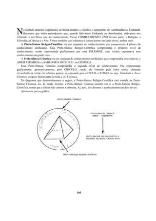 o capítulo anterior, explicamos de forma simples e objetiva o surgimento do Aumbandan ou Umbanda.
Quisemos que todos entendessem que, quando falávamos Umbanda ou Aumbandan, estávamos nos
referindo a um bloco uno do conhecimento. Desse CONHECIMENTO UNO faziam parte: a Religião, a
Filosofia, a Ciência e a Arte. Vimos também que tínhamos o conhecimento em dois níveis, ambos unos.
A Proto-Síntese Relígio-Científica era um conjunto de conhecimentos que compreendia 4 pilares do
conhecimento unificados. Essa Proto-Síntese Relígio-Científica compreendia o primeiro nível de
conhecimento, sendo representada graficamente por uma PIRÂMIDE, cujo vértice expressava esse
conhecimento integrado, uno.
A Proto-Síntese Cósmica era um conjunto de conhecimentos unificados que compreendia, em essência, o
AMOR CÓSMICO e a SABEDORIA INTEGRAL ou CÓSMICA.
Essa Proto-Síntese Cósmica compreendia o segundo nível de conhecimento. Era representada
graficamente, geometricamente, pelo CÍRCULO, sendo ele limitado pela linha curva, chamada
circunferência, tendo ela infinitos pontos, expressando pois o CICLO, o RITMO, ou seja, Sabedoria e Amor
Cósmico, os quais fazem parte de toda a Lei Cósmica.
No diagrama que demonstraremos a seguir, a Proto-Síntese Relígio-Científica está contida na Proto-
Síntese Cósmica, ou, de modo inverso, a Proto-Síntese Cósmica contém em si a Proto-Síntese Relígio-
Científica, sendo que a última não contém a primeira. Aí, pois, dividiremos o conhecimento em dois níveis.
Atentemos para o gráfico:
N
105
 