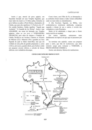 CAPÍTULO VIII
Assim é que, através do povo egípcio, um
Sacerdote Iniciado em seus Templos Sagrados, que
mais tarde iria reunir as 12 tribos judias, formulou ao
povo hebreu ou judeu a Proto-Síntese, chamando-a de
Cabala, que para eles significava "A Potência dos 22".
Em sentido hierático, Cabala significa: "Aquela que
Acoberta", "A Guardiã da Lei Divina". Assim é que
ASSARSSIF, seu nome de Iniciação nos Templos
egípcios, velou ao seu povo a VERDADEIRA
TRADIÇÃO, pois além de chamar a Tradição de
Cabala, dividiu-se em Arcanos. Chamou os Arcanos
de Maiores (22) e Menores (56) e guardou na Arca
Sagrada da qual se falam maravilhas, mas que em
verdade era uma pilha de grandes proporções e, como
é óbvio, provocava, quando aberta, pois fechava então
um pequeno circuito elétrico, a eclosão de faíscas
elétricas, com verdadeiras descargas.
Como vimos, caro Filho de Fé, as deturpações e
as confusões foram muitas e todas vieram embaralhar
cada vez mais todos os entendimentos.
A dita Escritura Sagrada, ou Bíblia, veio
ocidentalizar-se totalmente adulterada, composta
segundo o desejo de uns e outros, à revelia dos
verdadeiros e reais Princípios.
Muito já foi adulterado, e daqui para a frente
muito terá de ser mudado.
Em outros capítulos, entraremos mais
detidamente em tópicos em que aqui só passamos por
alto.
Ao terminar este capítulo, vamos nos preparar
para o outro, que fala do mediunismo, que aliás
somente surgiu para restaurar a VERDADE, a
PROTO-SÍNTESE CÓSMICA.
Assim, sem demora, falemos do mediunismo.
CISÃO E REUNIÃO DO TRONCO TUPY
115
 