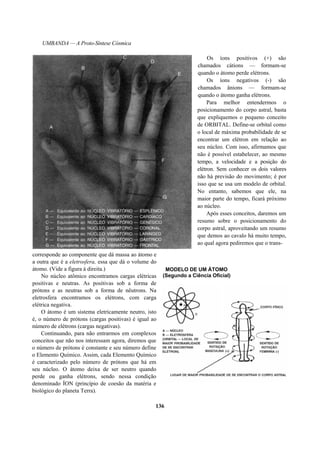 UMBANDA — A Proto-Síntese Cósmica
Os íons positivos (+) são
chamados cátions — formam-se
quando o átomo perde elétrons.
Os íons negativos (-) são
chamados ânions — formam-se
quando o átomo ganha elétrons.
Para melhor entendermos o
posicionamento do corpo astral, basta
que expliquemos o pequeno conceito
de ORBITAL. Define-se orbital como
o local de máxima probabilidade de se
encontrar um elétron em relação ao
seu núcleo. Com isso, afirmamos que
não é possível estabelecer, ao mesmo
tempo, a velocidade e a posição do
elétron. Sem conhecer os dois valores
não há previsão do movimento; é por
isso que se usa um modelo de orbital.
No entanto, sabemos que ele, na
maior parte do tempo, ficará próximo
ao núcleo.
Após esses conceitos, daremos um
resumo sobre o posicionamento do
corpo astral, aproveitando um resumo
que demos ao cavalo há muito tempo,
ao qual agora pediremos que o trans-
corresponde ao componente que dá massa ao átomo e
a outra que é a eletrosfera, essa que dá o volume do
átomo. (Vide a figura à direita.)
No núcleo atômico encontramos cargas elétricas
positivas e neutras. As positivas sob a forma de
prótons e as neutras sob a forma de nêutrons. Na
eletrosfera encontramos os elétrons, com carga
elétrica negativa.
O átomo é um sistema eletricamente neutro, isto
é, o número de prótons (cargas positivas) é igual ao
número de elétrons (cargas negativas).
Continuando, para não entrarmos em complexos
conceitos que não nos interessam agora, diremos que
o número de prótons é constante e seu número define
o Elemento Químico. Assim, cada Elemento Químico
é caracterizado pelo número de prótons que há em
seu núcleo. O átomo deixa de ser neutro quando
perde ou ganha elétrons, sendo nessa condição
denominado ÍON (princípio de coesão da matéria e
biológico do planeta Terra).
MODELO DE UM ÁTOMO
(Segundo a Ciência Oficial)
136
 