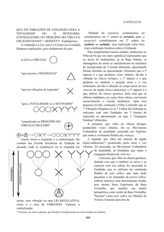 CAPÍTULO XI
QUE EM VIBRAÇÕES DE EXPANSÃO GERA A
TOTALIDADE OU O SETENÁRIO,
CENTRALIZADO NO PRINCÍPIO DO CÍRCULO
CRUZADO OUOXY = OOOXYYY. Expliquemos:
A Umbanda é a Lei, esta é o Círculo ou a Unidade.
Dispensa explicações, pois nitidamente diz que:
A LEI é o CÍRCULO
"que encerra o TRIÂNGULO"
"que em vibrações de expansão"
"gera a TOTALIDADE ou o SETENÁRIO"
"centralizado no PRINCÍPIO DO
CÍRCULO CRUZADO"
Assim, temos a expansão e a centralização, tão
comuns nas Escolas Iniciáticas de Tradição do
passado, onde se condensava ou se expandia um
termo, uma vibração ou uma LEI REGULATIVA,
como é o caso da UMBANDA. Vejamos a
centralização:
Partindo do setenário, condensamos ou
centralizamos em 1a
ordem no ternário, para, a
posteriori, centralizarmos em 2a
ordem no
unitário ou unidade; essa explicação torna bem
clara a definição hierática sobre a Umbanda.
Para completarmos nossos estudos, lembremos ao
Filho de Fé que em outro capítulo já expressamos que
no início do mediunismo, já na Raça Atlante, os
mensageiros do astral se manifestavam na mecânica
de incorporação de 3 formas diferentes, aparentando
formas distintas na apresentação. Dissemos que o lª
aspecto é o que produzia vozes infantis, devido à
vibração no chacra laríngeo, o 2º aspecto é o que
produzia no médium a posição ereta e a voz
inflamante, devido à vibração no corpo astral ser nos
chacras da região tóraco-abdominal, o 3º aspecto é o
que, através do chacra genésico, fazia com que os
reflexos medulares, no corpo físico denso, curvassem
razoavelmente o veículo mediúnico. Após essa
pequena revisão, começará o Filho a entender que as
7 Vibrações Originais ou as 7 Linhas da Umbanda se
entrosam com suas Entidades em 3 formas de
expressão ou apresentação, ou seja, 3 "roupagens
fluídicas" diferentes:
A primeira, que vibra no chacra laríngeo
produzindo vozes infantis, foi no Movimento
Umbandista da atualidade associada aos Espíritos
que usam a vestimenta fluídica de crianças.
A segunda, que vibra nos chacras da região
tóraco-abdominal,* produzindo porte ereto e voz
vibrante, foi associada, no Movimento Umbandista
da atualidade, às Entidades que usam a
roupagem fluídica de caboclos.
A terceira, que vibra no chacra genésico,
fazendo com que o médium se curve e se
expresse com voz calma, foi associada às
Entidades que se utilizam da vestimenta
fluídica de pais velhos, que mais tarde
passaram a ser chamados de pretos-velhos;
embora achemos essa denominação errada,
pois muitos Seres Espirituais da Raça
Vermelha, que mantêm sua matriz
perispirítica como sendo da Raça Vermelha,
"baixam" como pais velhos na vibração de
Yorimá. Somente para fins de
* Veremos, em outros capítulos, que Orixalá e Yemanjá atuam em níveis mentais ou cerebrais.
163
 