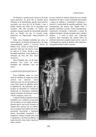 CAPÍTULO XI
Os Protetores, quando atuam, fazem-no de modo
muito particular, em geral não se dizendo dessa
Vibração, só se identificando, quando assim acharem
necessário, por meio da Lei de Pemba, o que a
grande maioria dos Filhos de Fé desconhece por
completo. Não dão consultas, só vibram suas
possantes energias quando há necessidade premente
disso no Templo em que os evocam, sendo
utilíssimos na higienização mento-vibratória do
terreiro.
Todas essas Entidades trabalham por cima, no
astral superior, em funções delicadíssimas e de suma
responsabilidade perante o Governo Oculto do
Planeta Terra. Assim, os Filhos de Fé
precisam saber que não devem evocá-
los após as 21 horas, devido a suas
atividades espirituais, como também às
vibrações da hora não lhes serem
favoráveis.
Essas Entidades são, via de regra,
auxiliares "por cima" de outras
Entidades que trabalham "aqui por
baixo".
6. MANIFESTAÇÕES MEDIÚNICAS
Essas Entidades atuam no corpo
astral do médium na região do chacra
coronal (em sânscrito, chacra
sahasrara), que tem sua equivalência no
corpo físico denso na glândula epífise
(a glândula da vida espiritual), que se
localiza no diencéfalo (3º ventrículo),
produzindo na fenomênica mediúnica
ligeiras alterações fisionômicas (suaves
e belas), psíquicas, vocais, etc.
A ligação fluídico-magnética dessas
Entidades com o médium começa pelo
alto da cabeça, em sua região posterior,
fazendo descer uma suave sensação de
friagem pelo pescoço até os ombros,
que se propaga muito rápido pelo tórax,
acelerando suavemente a respiração
(maior necessidade energética) e a
freqüência cardíaca (energia para todo
o organismo), e do tórax ao abdome, na
região do plexo solar, onde se ligam em
todo o sistema
nervoso visceral do médium, dando uma leve rotação
harmônica de todo o corpo, levantando ligeiramente
a cabeça do médium e controlando o psiquismo, o
sensório e a motricidade do aparelho mediúnico. Suas
incorporações são suaves, mas "pegam bem" o
aparelho mediúnico (cavalo). Falam pausadamente,
calmamente, levantando e abaixando a cabeça do
médium (recepção e doação energética para o próprio
médium — é como se fosse uma "respiração
mental"). Suas mensagens são sempre fortes, de
profundo misticismo e grande riqueza moral, o que só
é conseguido por quem já alcançou altos patamares,
com grande domínio sobre si mesmo.
175
 