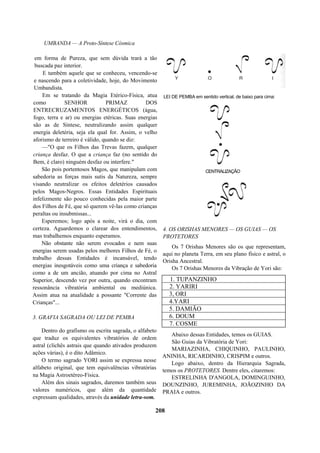 UMBANDA — A Proto-Síntese Cósmica
em forma de Pureza, que sem dúvida trará a tão
buscada paz interior.
E também aquele que se conheceu, vencendo-se
e nascendo para a coletividade, hoje, do Movimento
Umbandista.
Em se tratando da Magia Etérico-Física, atua
como SENHOR PRIMAZ DOS
ENTRECRUZAMENTOS ENERGÉTICOS (água,
fogo, terra e ar) ou energias etéricas. Suas energias
são as de Síntese, neutralizando assim qualquer
energia deletéria, seja ela qual for. Assim, o velho
aforismo de terreiro é válido, quando se diz:
—"O que os Filhos das Trevas fazem, qualquer
criança desfaz. O que a criança faz (no sentido do
Bem, é claro) ninguém desfaz ou interfere."
São pois portentosos Magos, que manipulam com
sabedoria as forças mais sutis da Natureza, sempre
visando neutralizar os efeitos deletérios causados
pelos Magos-Negros. Essas Entidades Espirituais
infelizmente são pouco conhecidas pela maior parte
dos Filhos de Fé, que só querem vê-las como crianças
peraltas ou insubmissas...
Esperemos; logo após a noite, virá o dia, com
certeza. Aguardemos o clarear dos entendimentos,
mas trabalhemos enquanto esperamos.
Não obstante não serem evocados e nem suas
energias serem usadas pelos melhores Filhos de Fé, o
trabalho dessas Entidades é incansável, tendo
energias inesgotáveis como uma criança e sabedoria
como a de um ancião, atuando por cima no Astral
Superior, descendo vez por outra, quando encontram
ressonância vibratória ambiental ou mediúnica.
Assim atua na atualidade a possante "Corrente das
Crianças"...
3. GRAFIA SAGRADA OU LEI DE PEMBA
Dentro do grafismo ou escrita sagrada, o alfabeto
que traduz os equivalentes vibratórios de ordem
astral (clichês astrais que quando ativados produzem
ações várias), é o dito Adâmico.
O termo sagrado YORI assim se expressa nesse
alfabeto original, que tem equivalências vibratórias
na Magia Astroetéreo-Física.
Além dos sinais sagrados, daremos também seus
valores numéricos, que além da quantidade
expressam qualidades, através da unidade letra-som.
4. OS ORISHAS MENORES — OS GUIAS — OS
PROTETORES
Os 7 Orishas Menores são os que representam,
aqui no planeta Terra, em seu plano físico e astral, o
Orisha Ancestral.
Os 7 Orishas Menores da Vibração de Yori são:
1. TUPANZINHO
2. YARIRI
3, ORI
4.YARI
5. DAMIÃO
6. DOUM
7. COSME
Abaixo dessas Entidades, temos os GUIAS.
São Guias da Vibratória de Yori:
MARIAZINHA, CHIQUINHO, PAULINHO,
ANINHA, RICARDINHO, CRISPIM e outros.
Logo abaixo, dentro da Hierarquia Sagrada,
temos os PROTETORES. Dentre eles, citaremos:
ESTRELINHA D'ANGOLA, DOMINGUINHO,
DOUNZINHO, JUREMINHA, JOÃOZINHO DA
PRAIA e outros.
208
LEI DE PEMBA em sentido vertical, de baixo para cima:
CENTRALIZAÇÃO
 
