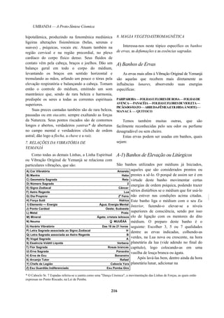UMBANDA — A Proto-Síntese Cósmica
hipotalâmica, produzindo na fenomênica mediúnica
ligeiras alterações fisionômicas (belas, serenas e
suaves) , psíquicas, vocais etc. Atuam também na
região cervical e na região precordial, no plexo
cardíaco do corpo físico denso. Seus fluidos de
contato vêm pela cabeça, braços e joelhos. Dão um
balanço geral em todo o corpo do médium,
levantando os braços em sentido horizontal e
tremulando as mãos, arfando um pouco o tórax pela
elevação respiratória e balançando a cabeça. Tomam
então o controle do médium, emitindo um som
mantrânico que, sendo de rara beleza e harmonia,
predispõe os seres a todas as correntes espirituais
superiores.
Suas preces cantadas também são de rara beleza,
pausadas ou em stacatto, sempre exaltando as forças
da Natureza. Seus pontos riscados são de contornos
longos e abertos, verdadeiros yantras* de aberturas
no campo mental e verdadeiros clichês de ordem
astral; dão logo a flecha, a chave e a raiz.
7. RELAÇÕES DA VIBRATÓRIA DE
YEMANJÁ
Como todas as demais Linhas, a Linha Espiritual
ou Vibração Original de Yemanjá se relaciona com
particulares vibrações, que são:
8. MAGIA VEGETOASTROMAGNÉTICA
Interessa-nos neste tópico específico os banhos
de ervas, as defumações e as essências sagradas.
A) Banhos de Ervas
As ervas mais afins à Vibração Original de Yemanjá
são aquelas que recebem mais diretamente as
influências lunares, absorvendo suas energias
específicas:
PARIPAROBA—FOLHASEFLORESDEROSA—FOLHASDE
AVENCA—PANACÉIA—FOLHASEFLORESDEVIOLETA—
PICÃO-DO-MATO—ARRUDA-FÊMEA(COLHIDAÀNOITE)—
MANACÁ — QUITOCO
Temos também muitas outras, que são
facilmente reconhecidas pelo seu odor ou perfume
desagradável ou sem cheiro.
Estas ervas podem ser usadas em banhos, quais
sejam:
A-1) Banhos de Elevação ou Litúrgicos
São banhos utilizados por médiuns já Iniciados,
aqueles que são considerados prontos ou
prestes a sê-lo. O porquê de assim ser é em
virtude deste banho movimentar certas
energias de ordem psíquica, podendo trazer
sérios distúrbios se o médium que for usá-lo
não estiver nas condições acima citadas.
Este banho liga o médium com o seu Eu
Interior, fazendo-o elevar-se a níveis
superiores de consciência, sendo por isso
elo de ligação com os mentores do dito
médium. O preparo deste banho é o
seguinte: Escolher 3, 5 ou 7 qualidades
dentre as ervas indicadas, colhendo-as
verdes, na Lua nova ou crescente, na hora
planetária da lua (vide adendo no final do
capítulo), logo colocando-as em uma
vasilha de louça branca ou ágata.
Após lavá-las bem, dentro ainda da hora
planetária lunar, adicionar na
* O Caboclo Sr. 7 Espadas referiu-se a yantra como uma "Dança Cósmica", a movimentação das Linhas de Forças, as quais estão
expressas no Ponto Riscado, na Lei de Pemba.
216
A) Cor Vibratória Amarelo
B) Mantra Haba
C) Geometria Sagrada Reta
D) Número Sagrado 2
E) Signo Zodiacal Câncer
F) Astro Regente Lua
G) Dia Propício 2
a
Feira
H) Força Sutil Hídrica
I) Elemento — Energia Água; Energia Mental
J) Ponto Cardeal Oeste; Sudoeste
L) Metal Prata
M) Mineral Ágata; cristais leitosos
N) Neuma Q MUUÊÁÁ
0) Horário Vibratório Das 18 às 21 horas
P) Letra Sagrada associada ao Signo Zodiacal H
Q) Letra Sagrada associada ao Astro Regente B
R) Vogal Sagrada A
S) Essência Volátil Líquida Verbena
T) Flor Sagrada Rosas brancas
U) Erva Sagrada Panacéia
V) Erva de Exu Bananeira
X) Arcanjo Tutor Rafael
Y) Chefe de Legião Cabocla Yara
Z) Exu Guardião Indiferenciado Exu Pomba Gira
 