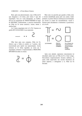 UMBANDA — A Proto-Síntese Cósmica
Bem, após essa demonstração, veja o Filho de Fé
que chegamos a 22 letras, pois temos 3 que são
arquetipais. Isso já é uma deturpação, ou melhor,
deve-se ao surgimento do TRINITARISMO no lugar
do BINÁRIO. Graficamente, é possível demonstrar
ao Filho de Fé nossa assertiva. Assim, atente e
analise bem:
As 3 letras arquetipais são A, S, Th. Vejamos na
grafia DEVANAGÁRICA sua expressão:
Olhe bem para esse conjunto, Filho de Fé,
observe que a linha já contém os 2 pontos, não
necessitando pois repetir sua representação. Assim
teríamos as 21 letras sagradas; ao invés de 3
arquetipais, teríamos 2 (representando o PRINCÍPIO
BINÁRIO de todas as coisas).
Mais uma vez perceba que quando a linha corta
o círculo desdobrado passa pelo seu centro, tendo
portanto os pontos básicos (intrínsecos) de formação
do círculo (o centro da circunferência). Assim o
fizemos para elucidarmos e lustrarmos a quadratura
do círculo.
Lei Universal PROTO- Os 4 Pilares do
SÍNTESE Conhecimento
CÓSMICA (Proto-Síntese-
Relígio-
Científica)
Após esse adendo, esperamos sinceramente ter
elucidado ainda mais ao Filho de Fé e leitor amigo.
Desvelamos respeitosamente Arcanos sublimes, os
quais estão arquivados nas escolas Iniciáticas do
astral superior, e entregamos a ti, Filho de Fé
Iniciado.
248
 