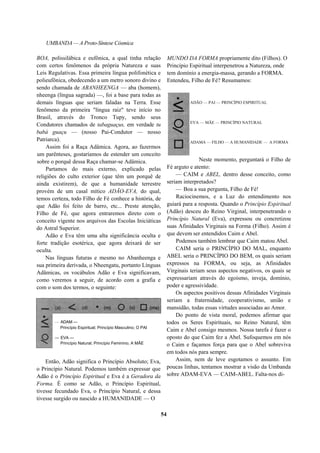 UMBANDA — A Proto-Síntese Cósmica
BOA, polissilábica e eufônica, a qual tinha relação
com certos fenômenos da própria Natureza e suas
Leis Regulativas. Essa primeira língua polifonética e
polieufônica, obedecendo a um metro sonoro divino e
sendo chamada de ABANHEENGA — aba (homem),
nheenga (língua sagrada) —, foi a base para todas as
demais línguas que seriam faladas na Terra. Esse
fenômeno da primeira "língua raiz" teve início no
Brasil, através do Tronco Tupy, sendo seus
Condutores chamados de tabaguaçus, em verdade tu
babá guaçu — (nosso Pai-Condutor — nosso
Patriarca).
Assim foi a Raça Adâmica. Agora, ao fazermos
um parênteses, gostaríamos de estender um conceito
sobre o porquê dessa Raça chamar-se Adâmica.
Partamos do mais externo, explicado pelas
religiões do culto exterior (que têm um porquê de
ainda existirem), de que a humanidade terrestre
provém de um casal mítico ADÃO-EVA, do qual,
temos certeza, todo Filho de Fé conhece a história, de
que Adão foi feito de barro, etc... Preste atenção,
Filho de Fé, que agora entraremos direto com o
conceito vigente nos arquivos das Escolas Iniciáticas
do Astral Superior.
Adão e Eva têm uma alta significância oculta e
forte tradição esotérica, que agora deixará de ser
oculta.
Nas línguas futuras e mesmo no Abanheenga e
sua primeira derivada, o Nheengatu, portanto Línguas
Adâmicas, os vocábulos Adão e Eva significavam,
como veremos a seguir, de acordo com a grafia e
com o som dos termos, o seguinte:
Então, Adão significa o Princípio Absoluto; Eva,
o Princípio Natural. Podemos também expressar que
Adão é o Princípio Espiritual e Eva é a Geradora da
Forma. É como se Adão, o Princípio Espiritual,
tivesse fecundado Eva, o Princípio Natural, e dessa
tivesse surgido ou nascido a HUMANIDADE — O
MUNDO DA FORMA propriamente dito (Filhos). O
Princípio Espiritual interpenetrou a Natureza, onde
tem domínio a energia-massa, gerando a FORMA.
Entendeu, Filho de Fé? Resumamos:
ADÃO — PAI — PRINCÍPIO ESPIRITUAL
EVA — MÃE — PRINCÍPIO NATURAL
ADAMA — FILHO — A HUMANIDADE — A FORMA
Neste momento, perguntará o Filho de
Fé arguto e atento:
— CAIM e ABEL, dentro desse conceito, como
seriam interpretados?
— Boa a sua pergunta, Filho de Fé!
Raciocinemos, e a Luz do entendimento nos
guiará para a resposta. Quando o Princípio Espiritual
(Adão) desceu do Reino Virginal, interpenetrando o
Princípio Natural (Eva), expressou ou concretizou
suas Afinidades Virginais na Forma (Filho). Assim é
que devem ser entendidos Caim e Abel.
Podemos também lembrar que Caim matou Abel.
CAIM seria o PRINCÍPIO DO MAL, enquanto
ABEL seria o PRINCÍPIO DO BEM, os quais seriam
expressos na FORMA, ou seja, as Afinidades
Virginais teriam seus aspectos negativos, os quais se
expressariam através do egoísmo, inveja, domínio,
poder e agressividade.
Os aspectos positivos dessas Afinidades Virginais
seriam a fraternidade, cooperativismo, união e
mansidão, todas essas virtudes associadas ao Amor.
Do ponto de vista moral, podemos afirmar que
todos os Seres Espirituais, no Reino Natural, têm
Caim e Abel consigo mesmos. Nossa tarefa é fazer o
oposto do que Caim fez a Abel. Sufoquemos em nós
o Caim e façamos força para que o Abel sobreviva
em todos nós para sempre.
Assim, nem de leve esgotamos o assunto. Em
poucas linhas, tentamos mostrar a visão da Umbanda
sobre ADAM-EVA — CAIM-ABEL. Falta-nos di-
54
— ADAM —
Princípio Espiritual; Princípio Masculino; O PAI
— EVA —
Princípio Natural; Princípio Feminino; A MÃE
 