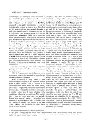 UMBANDA — A Proto-Síntese Cósmica
senta na região que intermedeia o tórax e a cabeça. É
de cor vermelho puro com laivos dourados se bem
desenvolvido, esverdeado-escuros quando se encontra
com bloqueios. O 4º núcleo é o Cardíaco,
assentando-se na região intermamária, ou seja, no
meio da região torácica, se fosse no corpo físico. Sua
cor é o verde puro, tendo laivos amarelo-dourados se
estiver em atividade superior. Caso contrário, sua cor
é verde-escura com laivos escarlates. O 5º núcleo
vibratório é o Gástrico ou Solear, que se assenta na
região abdominal superior. Sua coloração é alaranjada
pura, bem brilhante. Se estiver em atividade superior,
é alaranjado com laivos verde-musgo; caso contrário,
é alaranjado-afogueado com raios verde-escuros. O
6° núcleo vibratório é o Esplênico, que se assenta
próximo da região umbilical (se fosse no corpo
físico). Sua coloração, em atividade superior, é azul-
clara com laivos anil-brilhantes; caso contrário, é
azul-escura com laivos roxos. O 7º núcleo vibratório é
o Genésico, que se assenta na região hipogástrica. Sua
coloração é o violeta-claro. Sua atividade superior
gera a coloração violeta com laivos dourados; caso
contrário, é roxo-escuro-avermelhado com laivos
acinzentados.
Queremos ressaltar que cada núcleo vibratório
principal divide-se em 7 núcleos secundários, e esses
em terciários, etc.
Filho de Fé, estamos nos aprofundando em nossa
constituição astral; tenha serenidade e mantenha sua
atenção, pois vamos prosseguir.
Tendo constituído o corpo astral, o qual
descrevemos parcialmente, o Ser Espiritual imanta
sobre si outro veículo. Esse 5º veículo é de
objetivação maior para o mundo das formas densas,
envolvendo o corpo astral puro como um recipiente
cristalino. Dá à Forma certa consistência. Impede que
a matéria astral, que é muito plástica, sofra
modificação substancial em sua forma. Não permite
que a forma do corpo astral puro seja alterada.
Regula suas energias básicas e metaboliza suas
substâncias, as quais exsudam sobre si dando origem
ao Condensador Etérico. Esse veículo é o Corpo
Astral Inferior, um invólucro do corpo astral
superior, sendo altamente
energético, em virtude de manter o arranjo e a
arquitetura do corpo astral puro. Dele parte um
arranjo atômico propriamente dito, o qual constitui o
Condensador Etérico ou Corpo Etérico; esse 6º
veículo é a sede transmutada de todos os processos
energéticos dos veículos superiores ao veículo físico,
do qual ele faz parte integrante. É nesse Corpo
Etérico que acontecem os fenômenos da absorção de
PRANA7
ou metabolização intermediária do prana
astral para o prana físico. Esse corpo é um
intermediário entre o físico denso e o corpo astral.
Está para o corpo físico assim como o corpo astral
inferior está para o corpo astral superior. Está
intimamente ligado ao corpo físico denso, sendo
decomposto com ele no fenômeno da chamada
morte. O corpo etérico é composto de 7 camadas. As
3 camadas mais sutis são agregadas ao corpo astral
inferior, e as 4 camadas mais densas interpenetram o
corpo físico denso, estando aí o porquê de dizermos
que está intimamente ligado a ele. E também uma
projeção astral e física de transformações
importantes, sendo um dos principais constituintes do
aura humano.8
E através dele que há uma
concretização das linhas de campo ou linhas de força,
que virão a formar ou condensar a matéria astral em
matéria física propriamente dita. Os núcleos
vibratórios do corpo astral puro (chacras) enviam,
através dos campos vibratórios, as forças sutis da
Natureza, as quais, por equivalência no corpo físico
denso, formam todo o sistema neuroendócrino.
Assim, no corpo físico denso temos plexos e
glândulas como órgãos equivalentes aos núcleos
vibratórios do corpo astral puro. Falávamos do corpo
etérico, o qual se apresenta, como realmente é, um
invólucro superior do corpo físico denso. Sua
coloração, em geral, é azul-acinzentada. Está
engastado no corpo físico denso, e a partir de sua
superfície tem uma espessura de 7 a 14 cm,
dependendo da vitalidade do Ser encarnado. E
também um dos componentes do AURA TOTAL.
Aura total é a emanação fluídico-magnética luminosa
que representa a atividade e vitalidade do psicossoma
do Ser encarnado. Ao encerrarmos o corpo etérico,
lembremos que tudo está
7. Prana: Energia vital proveniente do Sol e absorvida pelos seres vivos.
8. O aura humano é formado de uma parte energética externa e uma parte energética interna. A parte externa faz a conexão entre os processos
energéticos do corpo etérico e físico denso (4 camadas). A parte interna faz a conexão entre os processos energéticos do corpo etérico e o corpo astral
inferior. Assim, podemos dizer aura externo e aura interno.
62
 