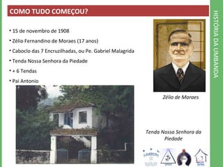 HISTÓRIA DA UMBANDA 
COMO TUDO COMEÇOU? 
• 15 de novembro de 1908 
• Zélio Fernandino de Moraes (17 anos) 
• Caboclo das 7 Encruzilhadas, ou Pe. Gabriel Malagrida 
• Tenda Nossa Senhora da Piedade 
• + 6 Tendas 
• Pai Antonio 
Zélio de Moraes 
Tenda Nossa Senhora da 
Piedade 
 