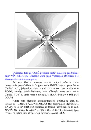 jupiter1@brfree.com.br100
O simples fato de VOCÊ procurar sentir fará com que busque
criar VÍNCULOS (se lembra?) com suas Vibrações Originais e é
exatamente isso o que importa.
Só para ilustrar, embora muitos autores afirmem sem
contestação que a Vibração Original de XANGÔ deve vir pelo Ponto
Cardeal SUL, julgando-o estar em sintonia maior com o elemento
FOGO, comigo particularmente, essa Vibração vem pelo ponto
Cardeal NORTE, onde reina o elemento TERRA, ficando o SUL para
OGUM.
Ainda para melhores esclarecimentos, observe-se que, na
junção de TERRA e ÁGUA (NOROESTE) poderíamos identificar a
LAMA ou o BARRO que segundo as lendas, identificar-se-ia com
NANÃ. Na junção de ÁGUA e FOGO (SUDOESTE), teríamos água
morna, ou calma mas ativa e identificar-se-ia com OXUM.
 