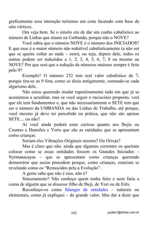 jupiter1@brfree.com.br102
graficamente essa interação teríamos um cone facetado com base de
oito vértices.
Ora veja bem. Se o intuito era de dar um cunho cabalístico ao
número de Linhas que atuam na Umbanda, porque não o NOVE?
Você sabia que o número NOVE é o número dos INICIADOS?
E que esse é o maior número não redutível cabalisticamente (a não ser
que se queira voltar ao nada – zero), ou seja, depois dele, todos os
outros podem ser reduzidos a 1, 2, 3, 4, 5, 6, 7, 8 ou mesmo ao
NOVE? Por que será que a redução de números maiores sempre é feita
pelo 9?
Exemplo? O número 232 tem real valor cabalístico de 7,
porque tira-se os 9 fora, como se dizia antigamente, somando-se cada
algarismo dele.
Não estou querendo mudar repentinamente tudo em que já se
acostumou a acreditar, mas se você seguir o raciocínio proposto, verá
que ele tem fundamentos e, que não necessariamente o SETE tem que
ser o número da UMBANDA ou das Linhas de Trabalho, até porque,
você mesmo já deve ter percebido na prática, que não são apenas
SETE.... ou não?
Ai você ainda poderá estar curioso quanto aos Ibejis ou
Cosmes e Damiões e Yoris que são as entidades que se apresentam
como crianças.
Seriam eles Vibrações Originais mesmo? Ou Orixás?
Mas é claro que não, ainda que algumas correntes os queiram
colocar como se essas entidades fossem os Grandes Iniciados –
Nyrmanacayas – que se apresentam como crianças querendo
demonstrar que assim procedem porque, como crianças, estariam se
revelando como os “Renascidos pela a Evolução”.
A gente sabe que não é isso, não é?
Sinceramente? Não conheço quem tenha feito e nem faria a
coroa de alguém que se dissesse filho de Ibeji, de Yori ou de Erês.
Reconheço-os como falanges de entidades – naturais ou
elementais, como já expliquei – de grande valor. Mas daí a dizer que
 