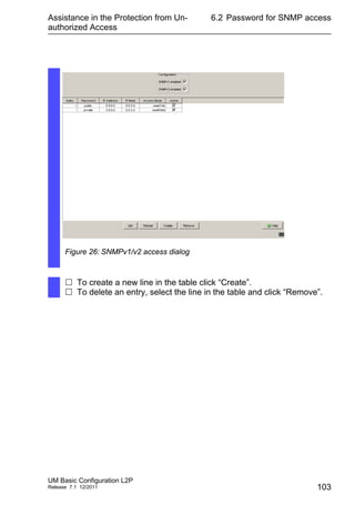 Assistance in the Protection from Un-
authorized Access
UM Basic Configuration L2P
Release 7.1 12/2011
6.2 Password for SNMP access
103
Figure 26: SNMPv1/v2 access dialog
 To create a new line in the table click “Create”.
 To delete an entry, select the line in the table and click “Remove”.
 
