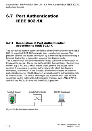 Assistance in the Protection from Un-
authorized Access
116
6.7 Port Authentication IEEE 802.1X
UM Basic Configuration L2P
Release 7.1 12/2011
6.7 Port Authentication
IEEE 802.1X
6.7.1 Description of Port Authentication
according to IEEE 802.1X
The port-based network access control is a method described in norm IEEE
802.1X to protect IEEE 802 networks from unauthorized access. The
protocol controls the access to this port by authenticating and authorizing a
terminal device that is connected to one of the device's ports.
The authentication and authorization is carried out by the authenticator, in
this case the device. The device authenticates the supplicant (the querying
device, e.g. a PC, etc.), which means that it permits the access to the
services it provides (e.g. access to the network to which the device is
connected) or denies it. In the process, the device accesses an external
authentication server (RADIUS server), which checks the authentication data
of the supplicant. The device exchanges the authentication data with the
supplicant via the Extensible Authentication Protocol over LANs (EAPOL),
and with the RADIUS server via the RADIUS protocol.
Figure 28: Radius server connection
802.1X SupplicantSwitch/AuthenticatorRADIUS Server
 