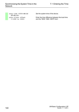 Synchronizing the System Time in the
Network
122
7.1 Entering the Time
UM Basic Configuration L2P
Release 7.1 12/2011
sntp time <YYYY-MM-DD
HH:MM:SS>
Set the system time of the device.
sntp client offset
<-1000 to 1000>
Enter the time difference between the local time
and the “IEEE 1588 / SNTP time”.
 